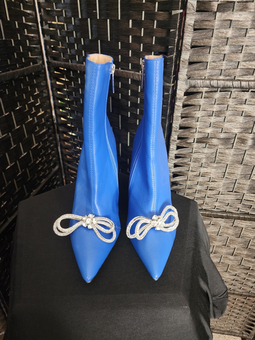 Blue Pointed Toe Rhinestone Bow Ankle Boots